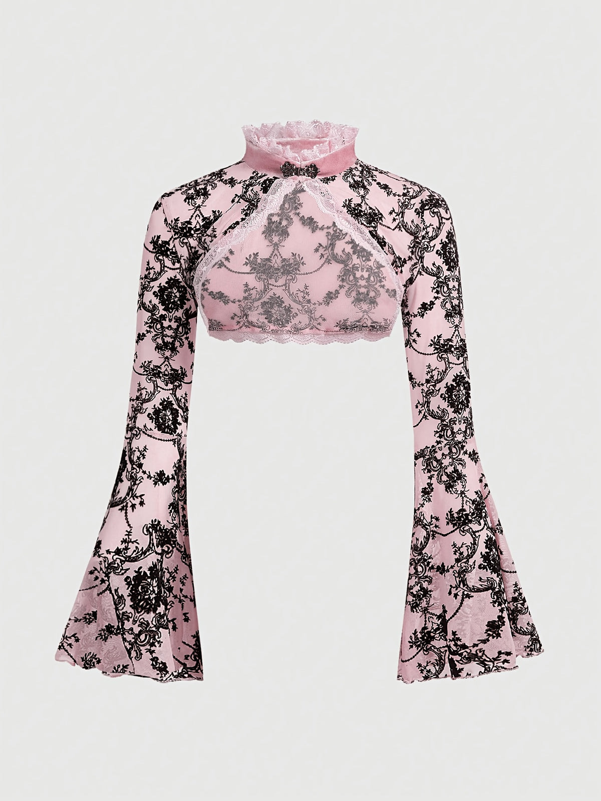 [Black Velvet Shirt] Women's Black Velvet High-Neck Bell Sleeve Short Outer Decorative Shirt