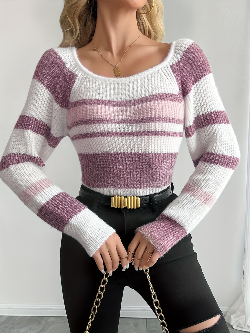 Elegant Special Edition Color-Block Slim-Fit Plush Pullover Sweater