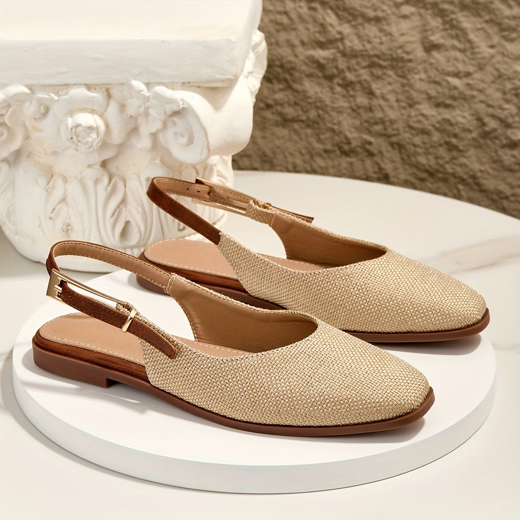 Linen Square Toe Soft Sole, Shallow Mouth Metal Buckle Women'S Flat Sandals, Women Shoes