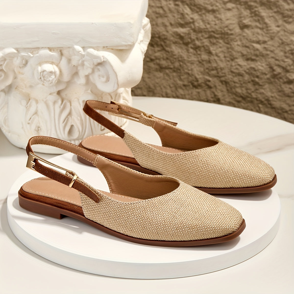Linen Square Toe Soft Sole, Shallow Mouth Metal Buckle Women'S Flat Sandals, Women Shoes