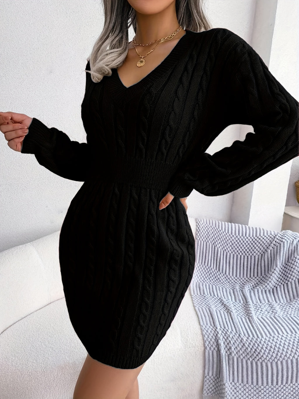 Women'S Directional Cable Sweater Dress Solid Off-Shoulder Sleeve