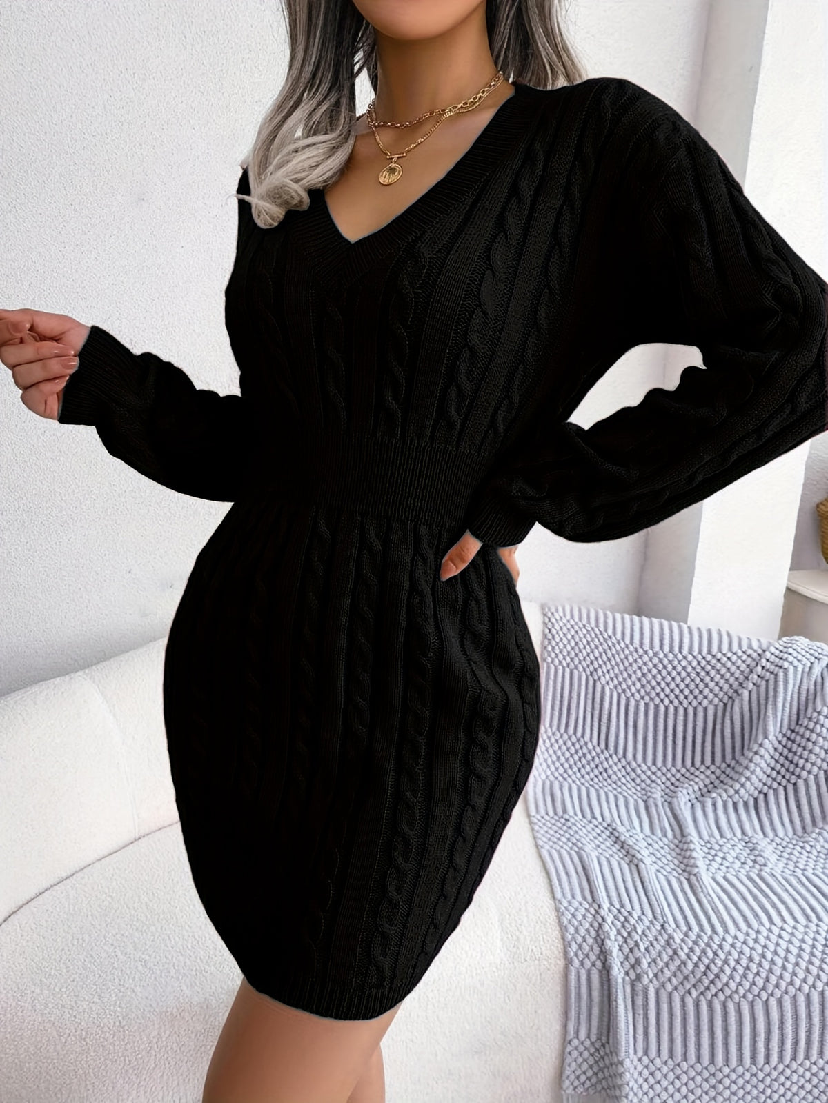 Women'S Directional Cable Sweater Dress Solid Off-Shoulder Sleeve