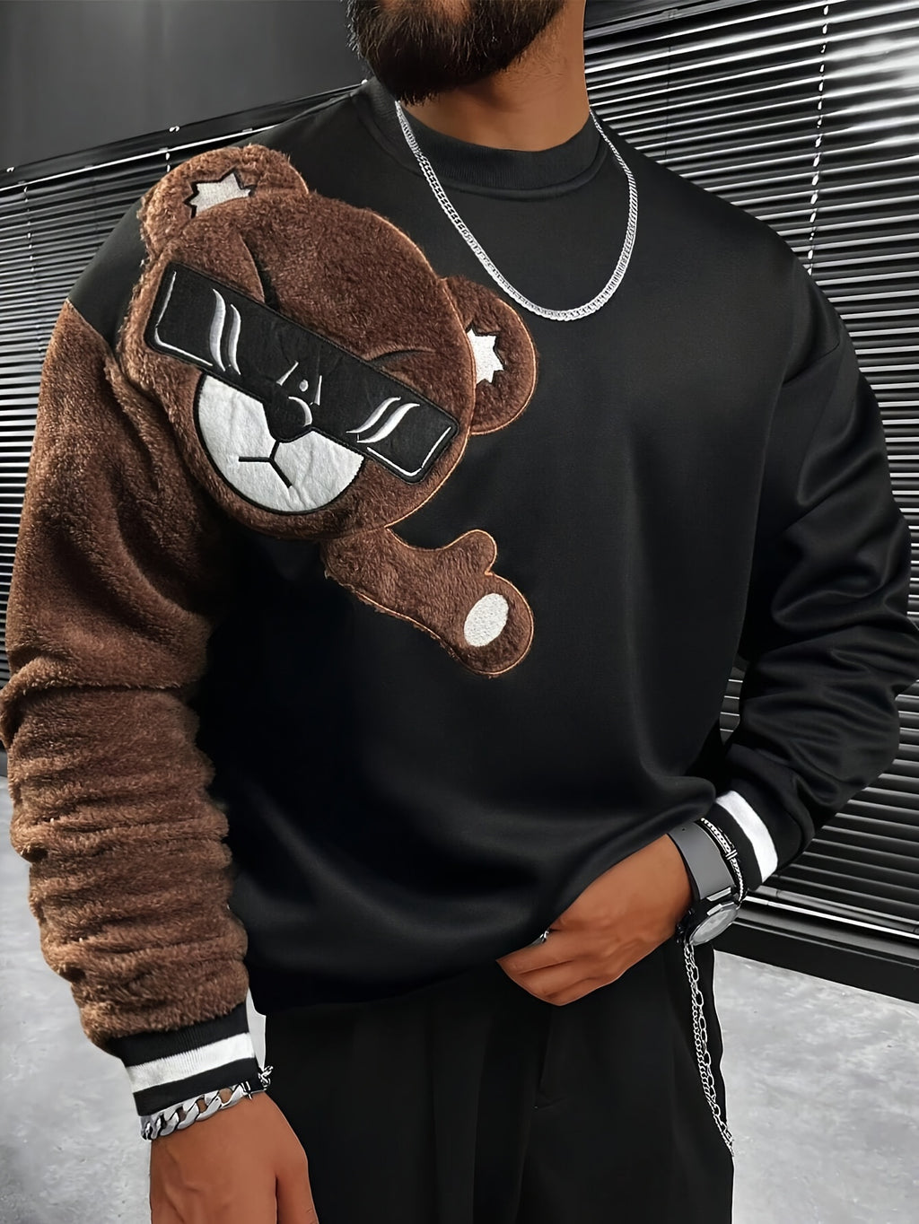 Men'S Fashion Cartoon Bear Long Sleeve Pullover Creative Plush Spliced Casual Sweatshirt