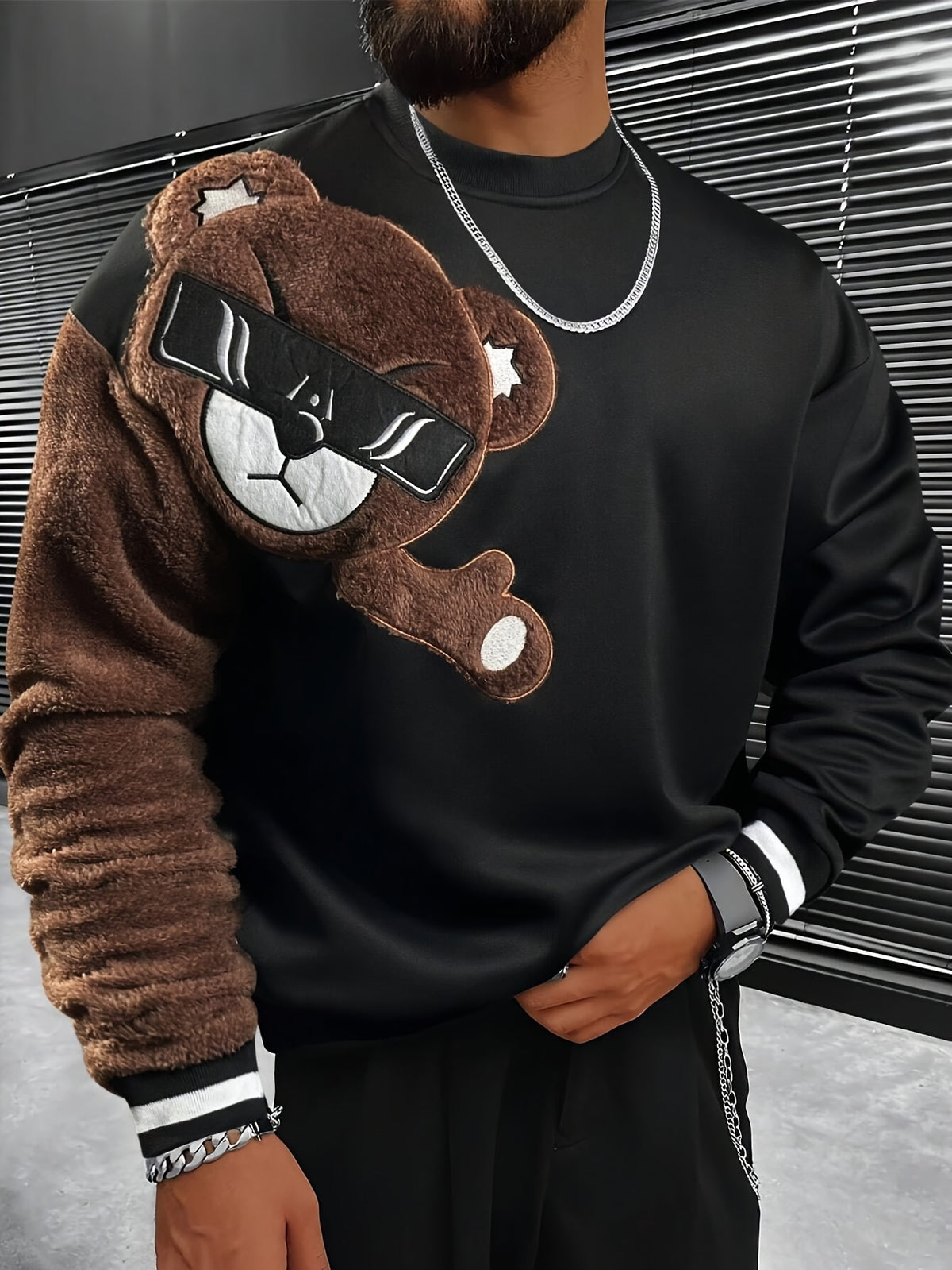 Men'S Fashion Cartoon Bear Long Sleeve Pullover Creative Plush Spliced Casual Sweatshirt