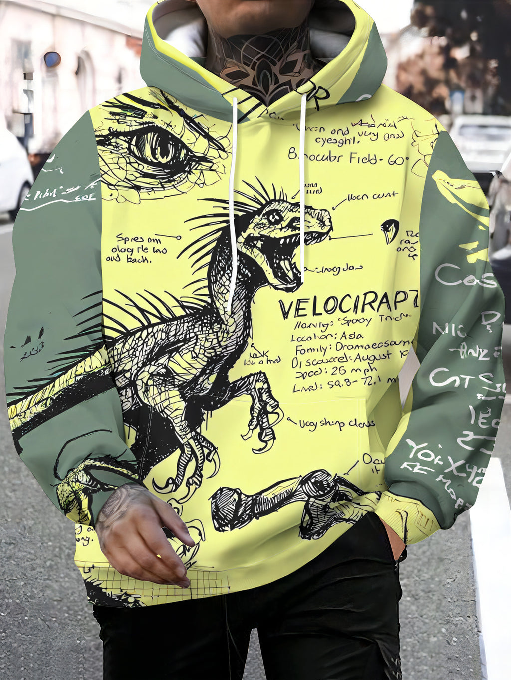 A Stylish Hooded Sweatshirt, a Casual Sports Hoodie Featuring a Hand-Drawn Yellow Illustration of a Thief Dinosaur with a Front Pocket - Made from Stretchy Blended Fabric, Suitable for Spring And Autumn, Ideal for Casual Sportswear