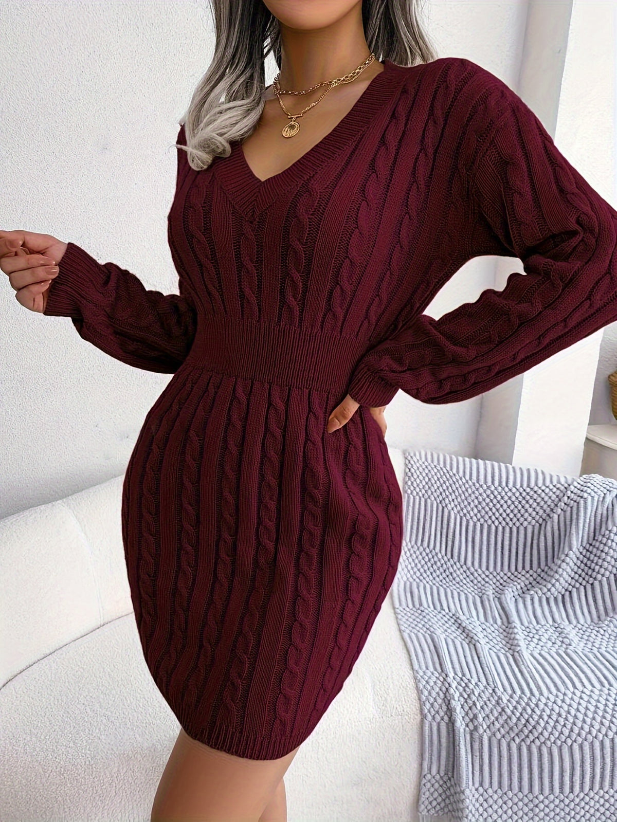 Women'S Directional Cable Sweater Dress Solid Off-Shoulder Sleeve