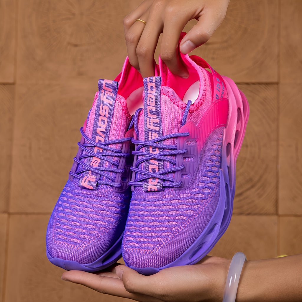 Pink Purple Gradient Women'S Casual Running Shoes: Mesh Knit And Hollow Sole, Lace-Up Sports Fitness Shoes for Running Training, Everyday Outdoor, Women Shoes, Sneakers