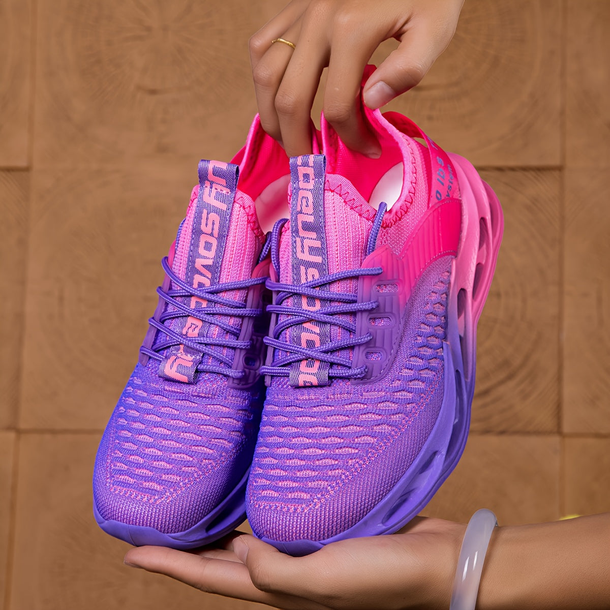 Pink Purple Gradient Women'S Casual Running Shoes: Mesh Knit And Hollow Sole, Lace-Up Sports Fitness Shoes for Running Training, Everyday Outdoor, Women Shoes, Sneakers