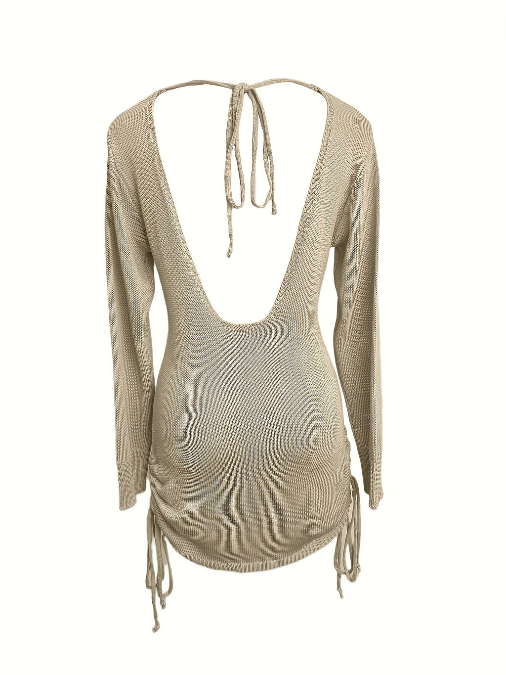 Solid Color Open-neck Sweater Dress, Elegant Backless Long Sleeve Drawstring Hem Wrap Skirt