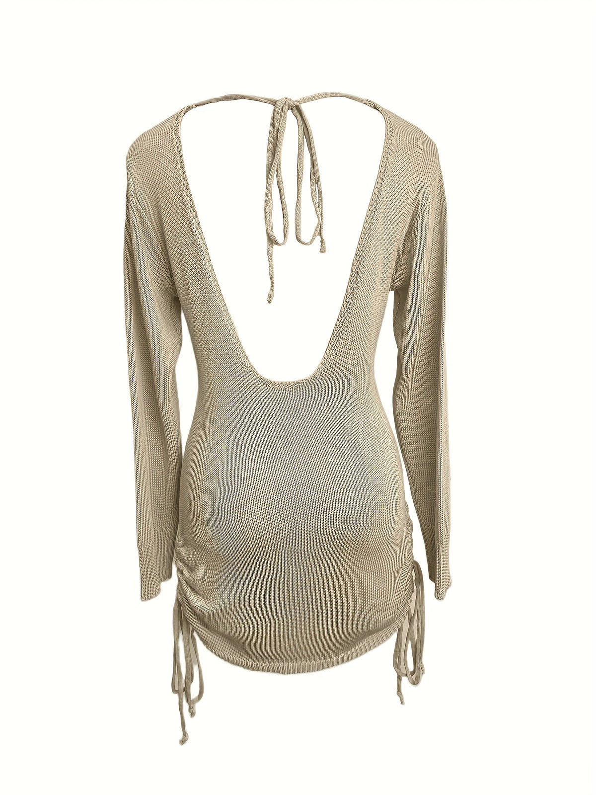Solid Color Open-neck Sweater Dress, Elegant Backless Long Sleeve Drawstring Hem Wrap Skirt
