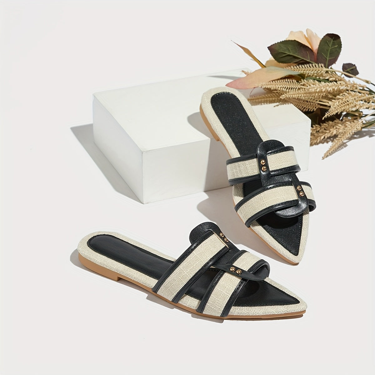 Women's Casual Pointed Toe Linen Flat Sandals with Single Strap for Travel and Vacation, Women Shoes