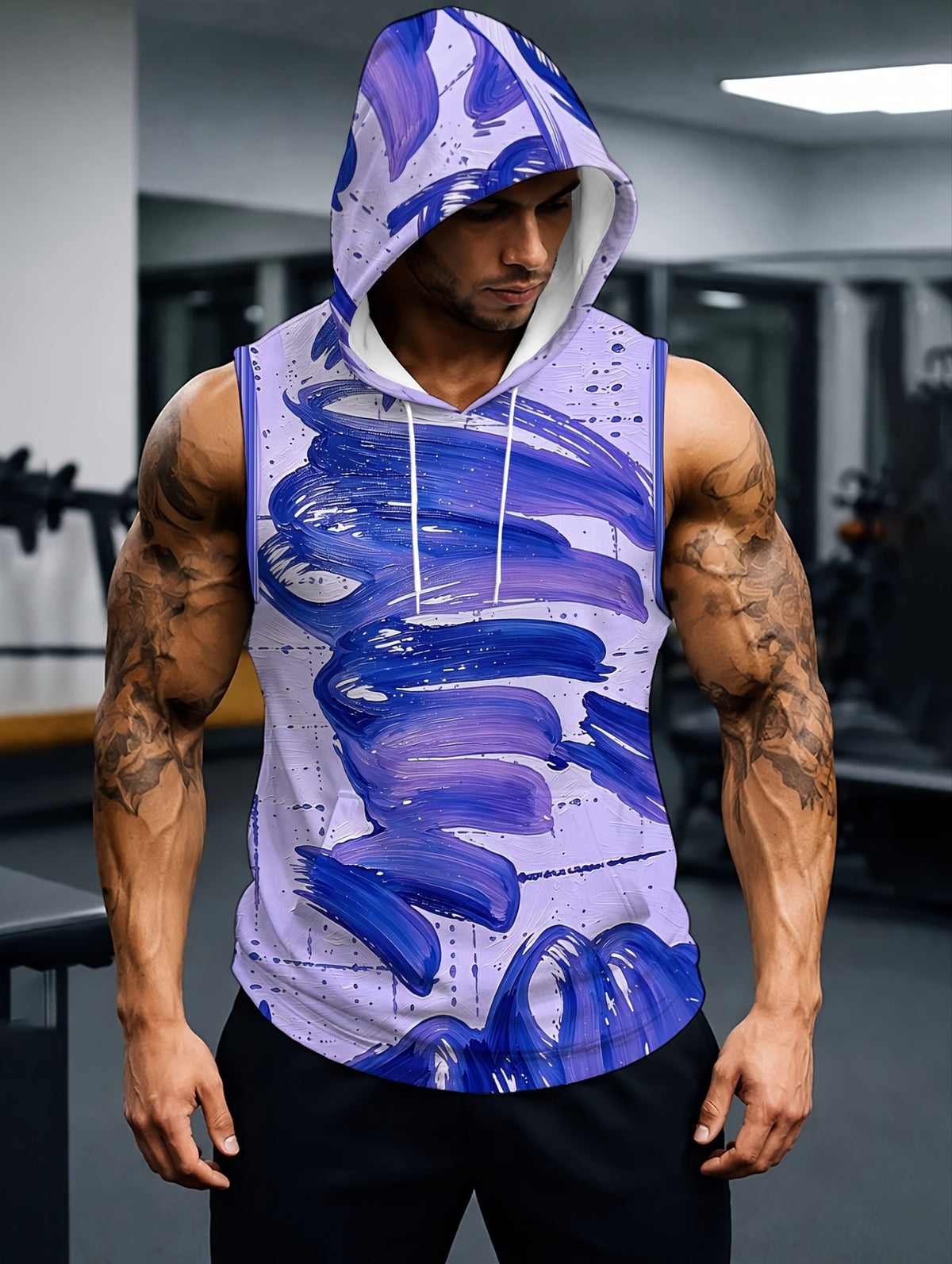 Men'S Hooded Sleeveless Top Black And White Ink Splash Print Sports Fitness Vest Daily Casual Trendy Versatile Breathable Comfortable Slim Fit for Workout Gym Training