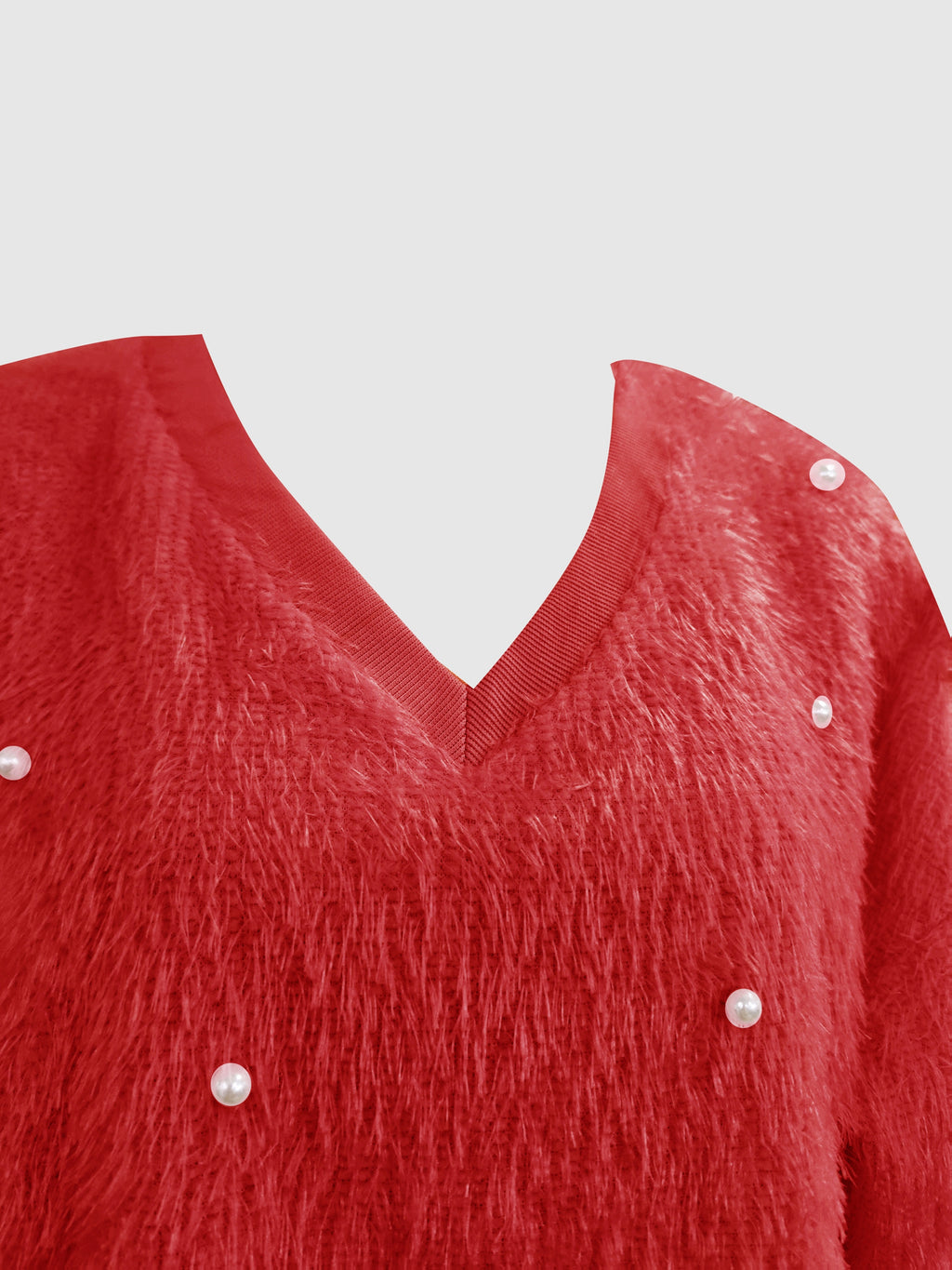 Fashion Solid Color V-Neck Beaded Pullover Casual Loose Long Sleeve Top