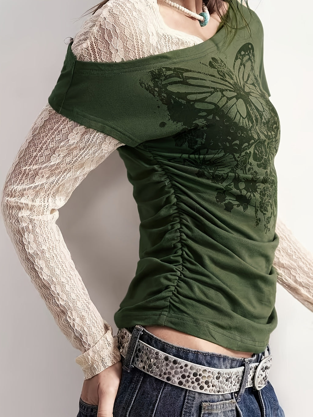 Fashionable Casual Stretchy Lace Patchwork Printed Faux Two-Piece Long Sleeve T-Shirt