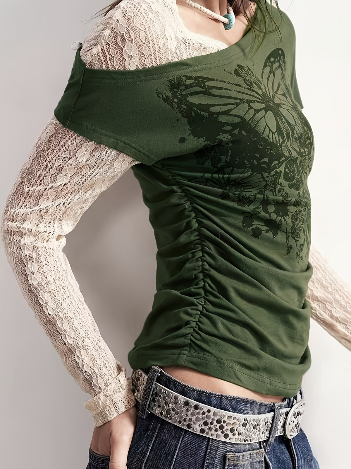 Fashionable Casual Stretchy Lace Patchwork Printed Faux Two-Piece Long Sleeve T-Shirt