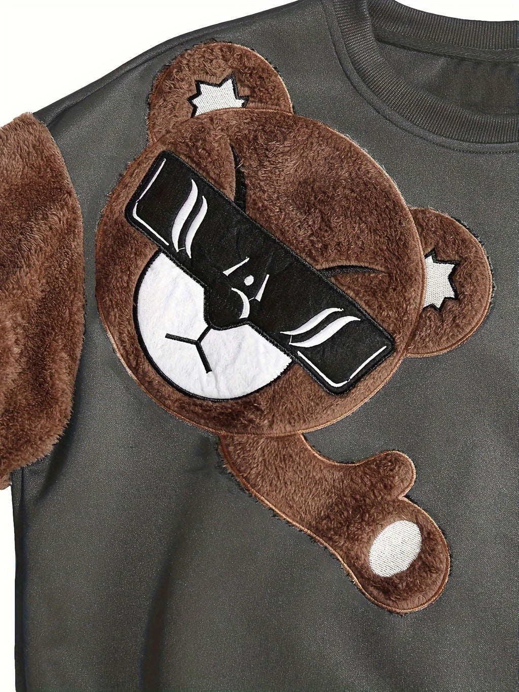 Men'S Fashion Cartoon Bear Long Sleeve Pullover Creative Plush Spliced Casual Sweatshirt