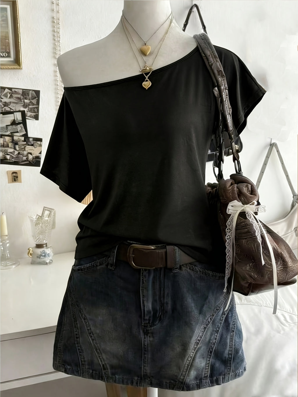 Women's Sexy Solid Color Asymmetrical Neckline Backless Summer T-Shirt, Women's Top