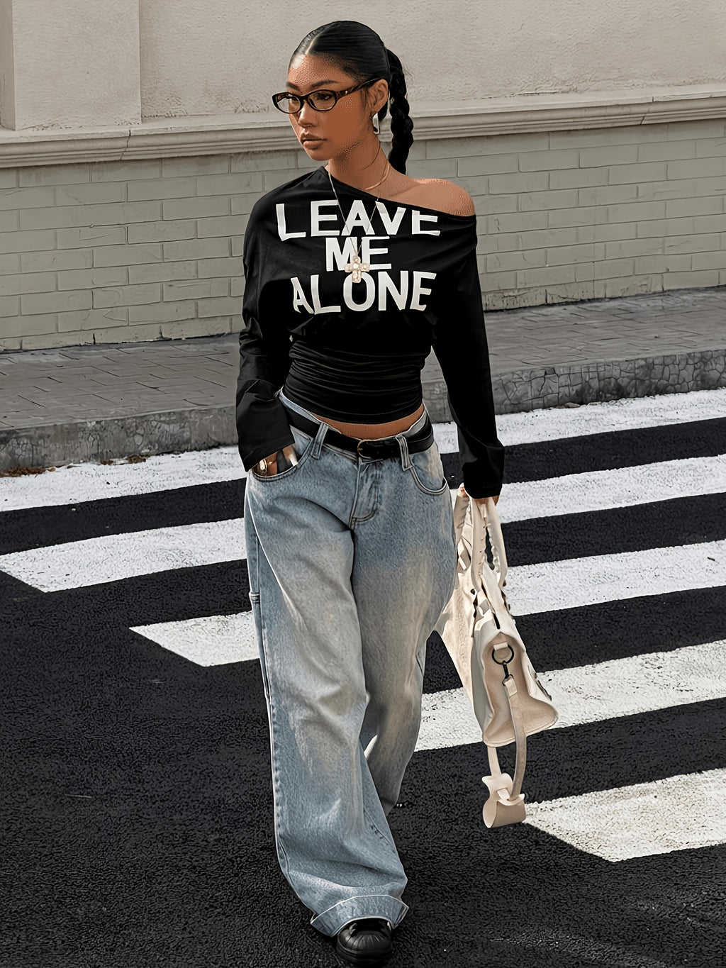 Women'S Letter Print Asymmetrical Shoulder Fitted Short Sleeve Long Sleeve T-Shirt, Suitable for Outdoor, Streetwear, And Y2K Style Clothing
