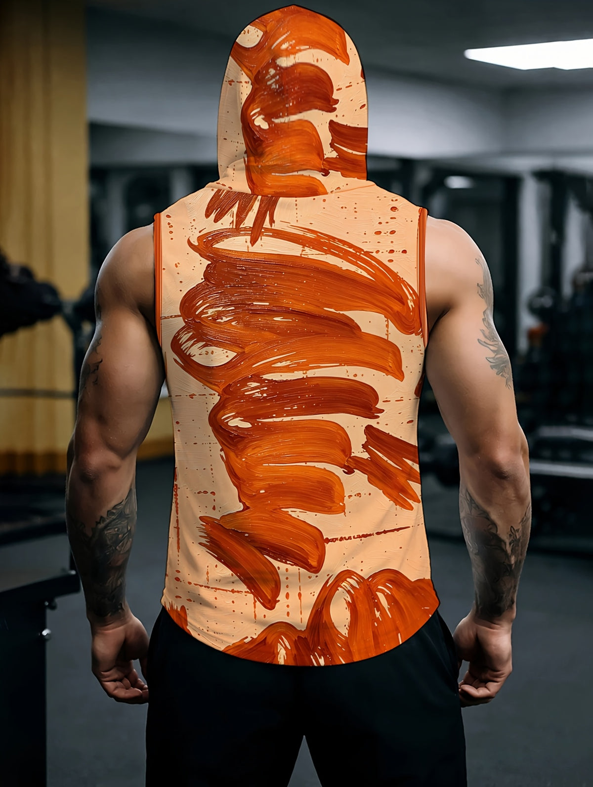 Men'S Hooded Sleeveless Top Black And White Ink Splash Print Sports Fitness Vest Daily Casual Trendy Versatile Breathable Comfortable Slim Fit for Workout Gym Training