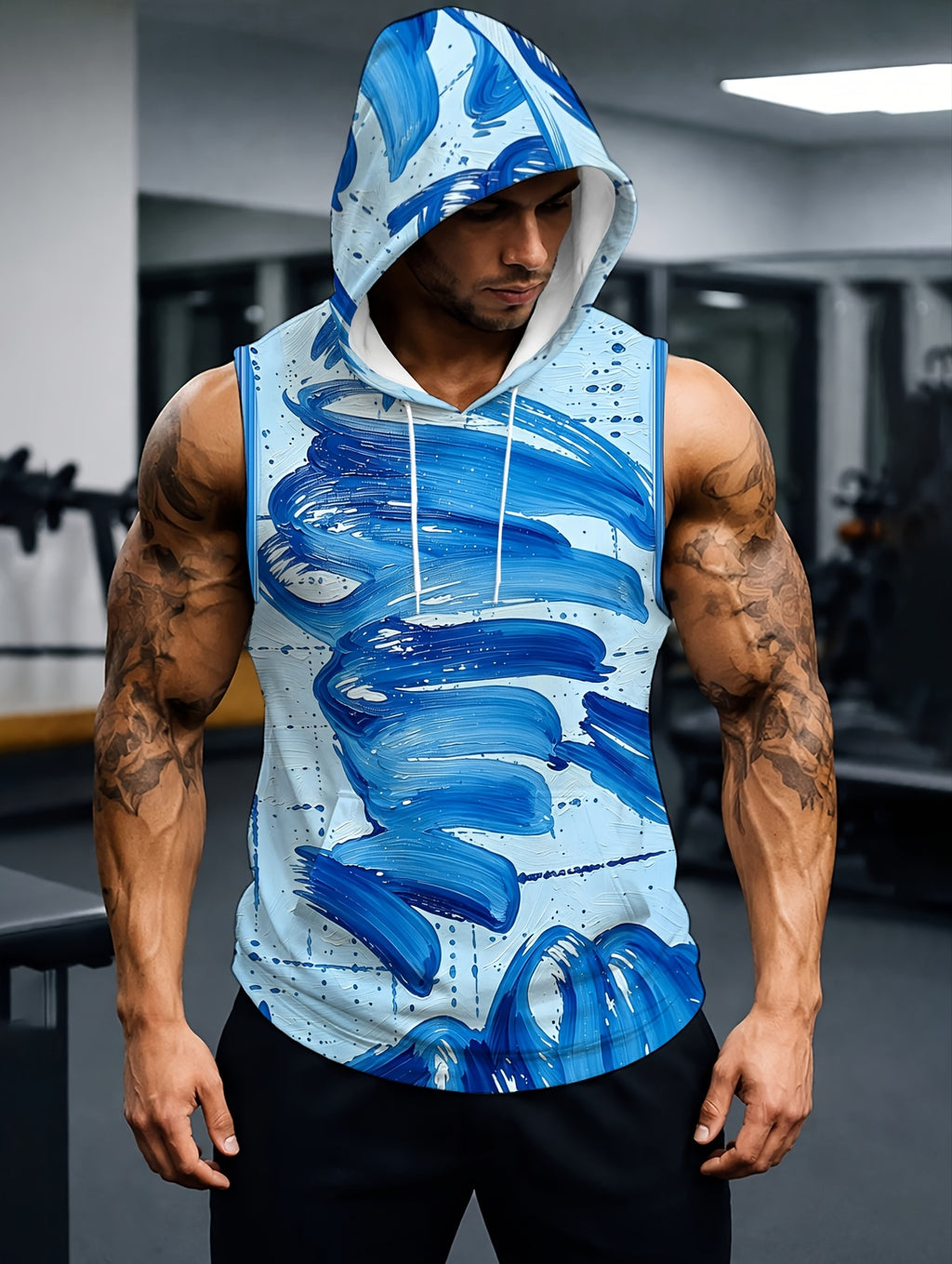 Men'S Hooded Sleeveless Top Black And White Ink Splash Print Sports Fitness Vest Daily Casual Trendy Versatile Breathable Comfortable Slim Fit for Workout Gym Training