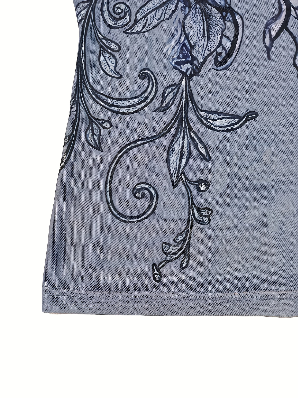 Women'S Long-Sleeved Tight Top, Elegant And Sexy Long-Sleeved Round Neck Blue Floral Print T-Shirt Top