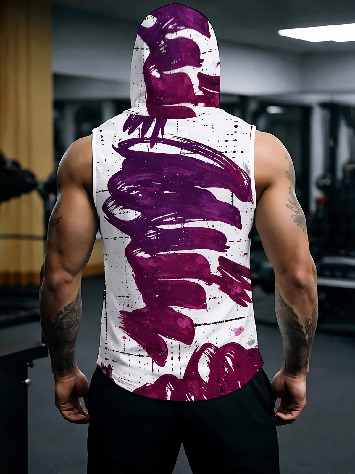 Men'S Hooded Sleeveless Top Black And White Ink Splash Print Sports Fitness Vest Daily Casual Trendy Versatile Breathable Comfortable Slim Fit for Workout Gym Training
