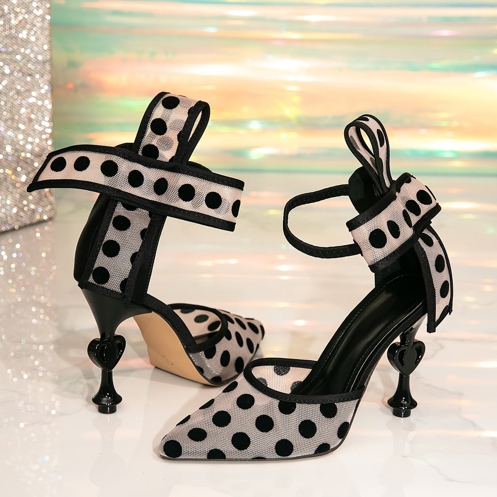 Large Polka Dot Classic Sheer Mesh High Heel Sandals, Transparent Fishnet, Heart-shaped Heel, Valentine's Day Exclusive High Heels, Sexy and Elegant Hollow Flat Shoes, Women Shoes