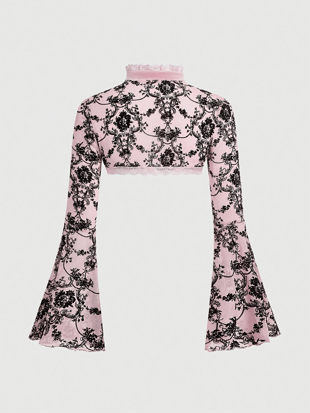 [Black Velvet Shirt] Women's Black Velvet High-Neck Bell Sleeve Short Outer Decorative Shirt