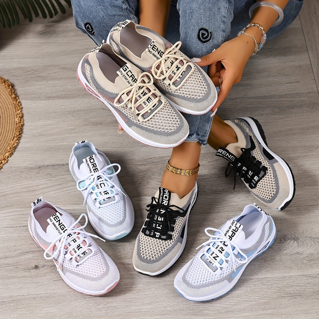 Women'S Lightweight Breathable White Sneakers - Comfortable Low-Top Lace-Up Casual Walking Shoes with Color-Block Design, Suitable for Outdoor Travel And All-Day Wear, All-Season Footwear | Fashion Contrast Design | Soft Rubber Sole, Women Shoes