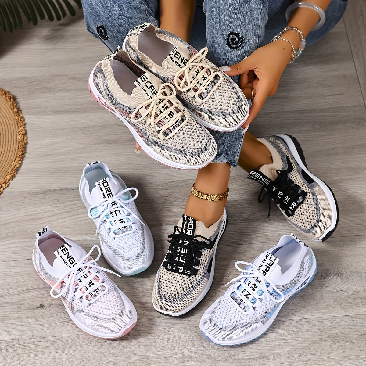 Women'S Lightweight Breathable White Sneakers - Comfortable Low-Top Lace-Up Casual Walking Shoes with Color-Block Design, Suitable for Outdoor Travel And All-Day Wear, All-Season Footwear | Fashion Contrast Design | Soft Rubber Sole, Women Shoes