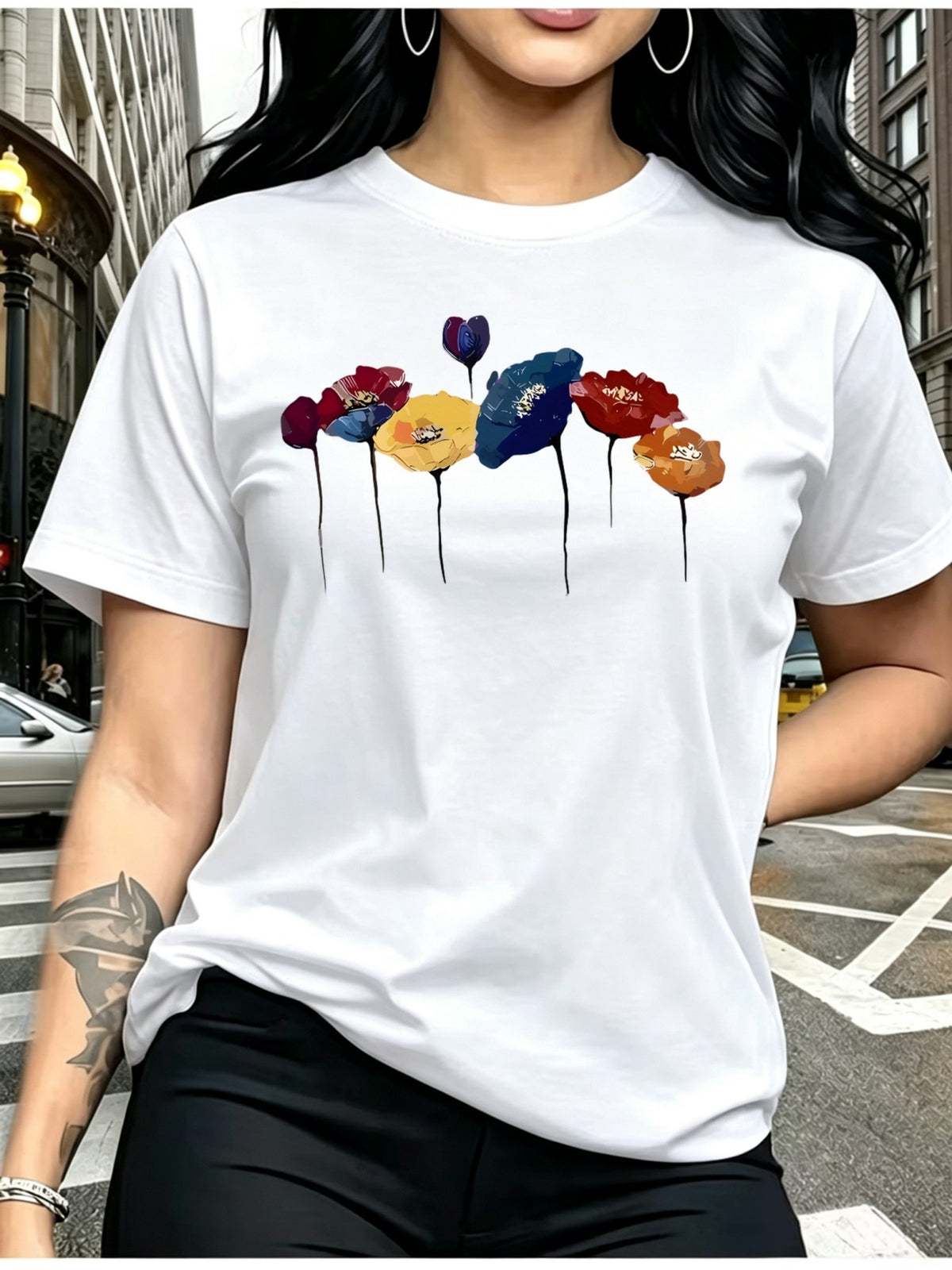 Women'S Casual Short Sleeve T-Shirt with Geometric Print, Relaxed Fit Round Neck White Black Gray Pattern Sizes S to XXL (Standard Sizing), Machine Washable All Season Casual Wear, Versatile