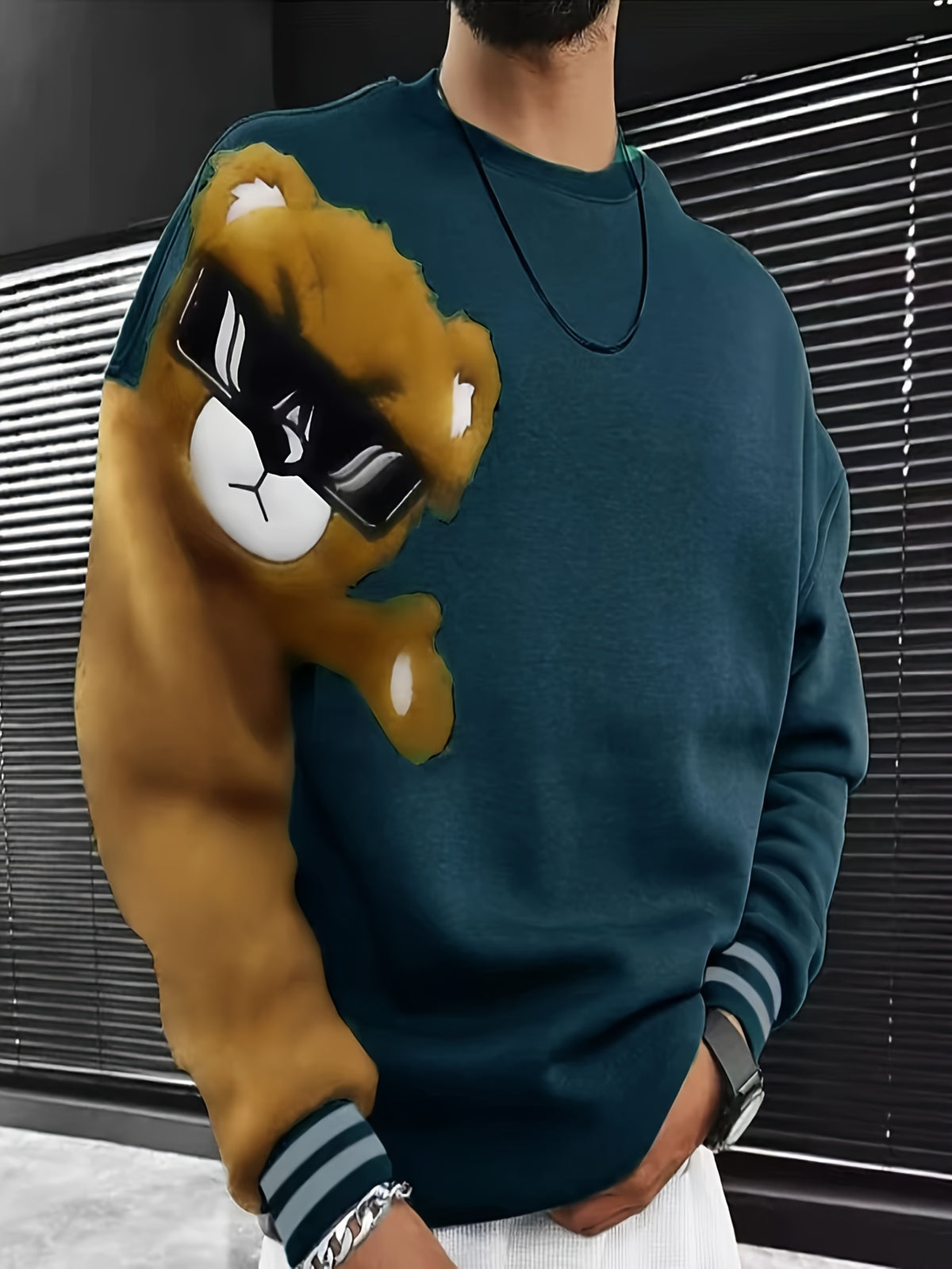 Men'S Fashion Cartoon Bear Long Sleeve Pullover Creative Plush Spliced Casual Sweatshirt