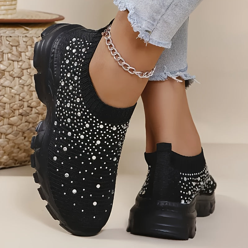 [Stretch Socks Sneakers] Women's Stretch Socks Shoes with Rhinestone Embellishments, Low-Top Knit Sneakers, Breathable Walking Sneakers with EVA Soft Soles, Women Shoes Elegant Women Shoes Classy Lady Shoes