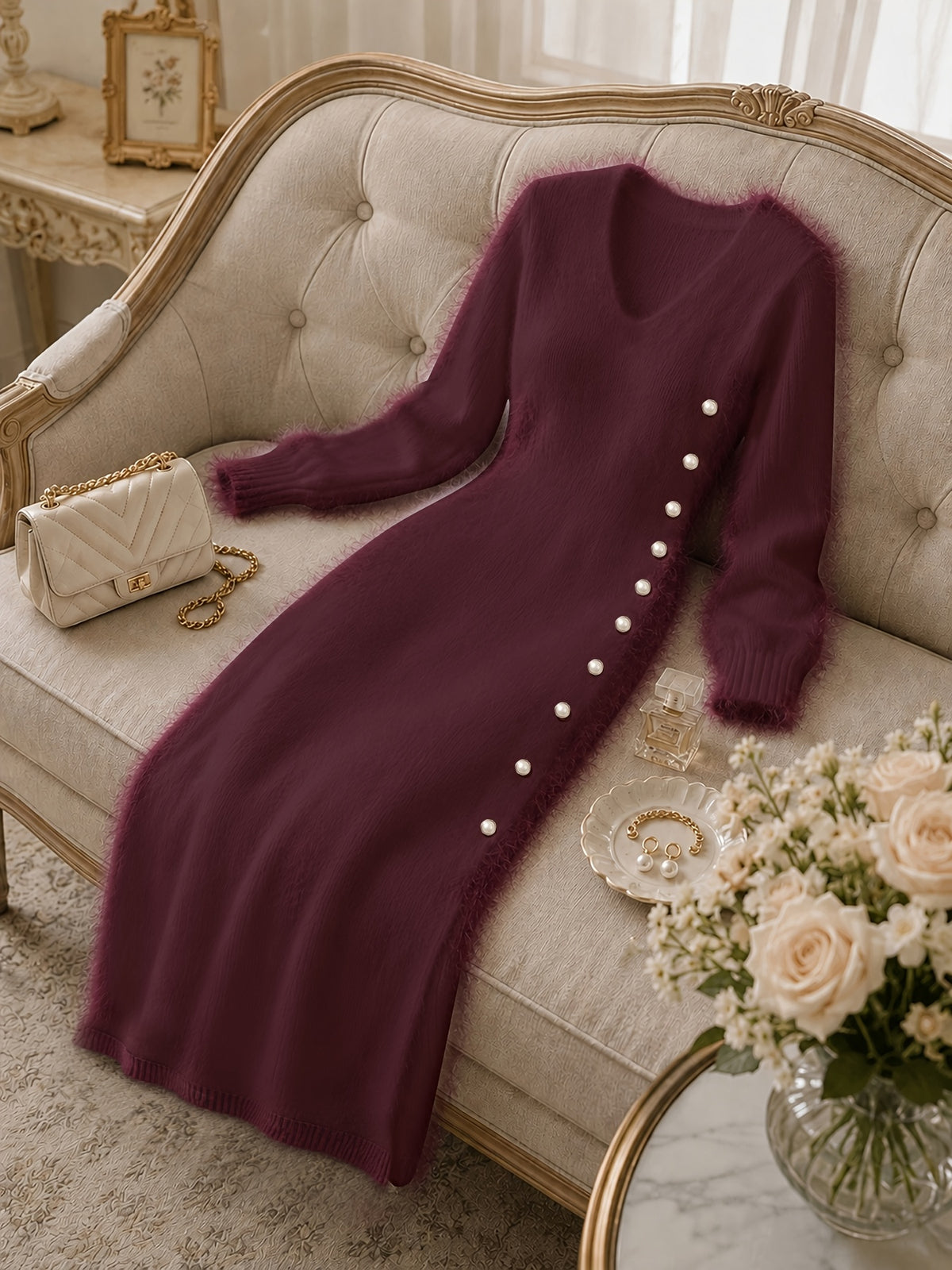 Women's Casual Plush Maxi Dress, V-Neck Long Sleeve Button Front Split Sweater Dress, Versatile for Autumn/Winter Daily Commuting, Soft and Comfortable Fabric, Christmas Style, Suitable for Party Outfits and Banquet Attire