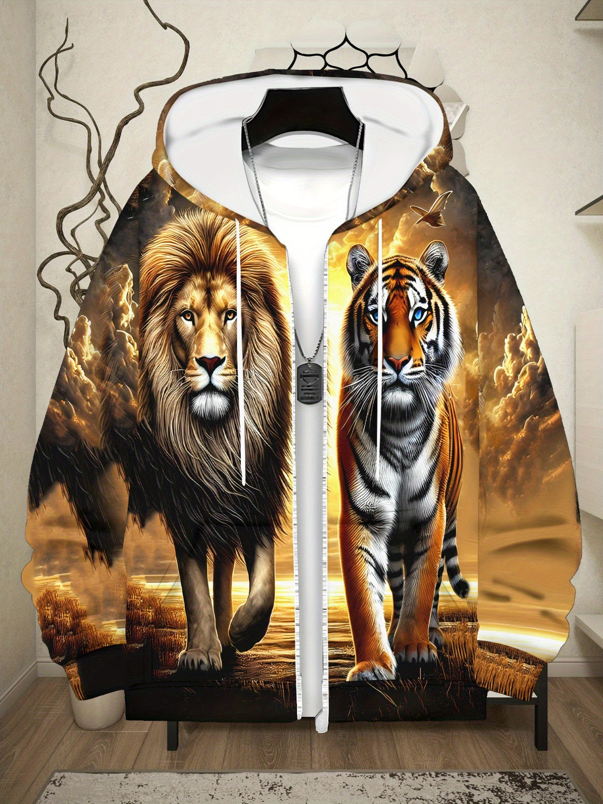 Zipper hoodie for menLion and Tiger Print Hoodie for Living Room Wear, Vibrant Orange and Brown Colors, Lightweight and Durable Design, Perfect for Casual Outfits and Daily Use, Unique Animal Pattern Fashion Sweatshirt