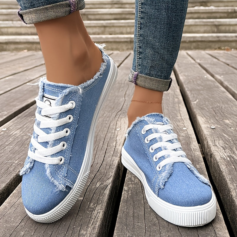 Frayed Flat Shoes Worn Tie Breathable Retro Casual Half Street Trend, Women Shoes, Sneakers