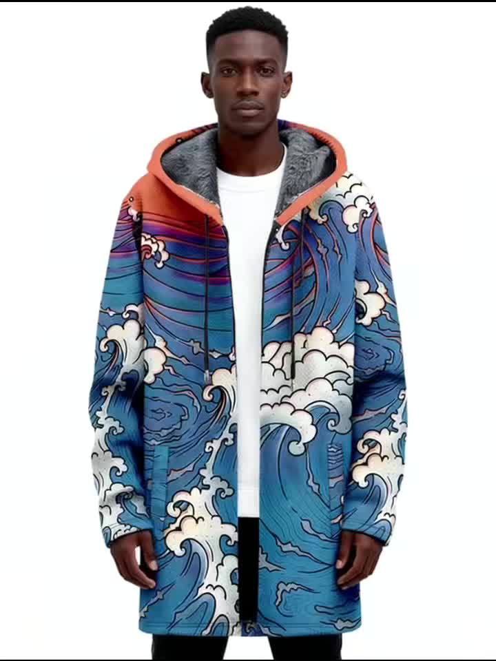Vintage Wave Art Design Pattern 3D Print Fashion Men's Plush Cardigan Coat Thick Winter Casual Warm Zip Hooded Jacket