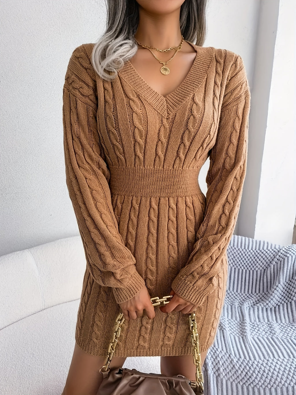 Women'S Directional Cable Sweater Dress Solid Off-Shoulder Sleeve