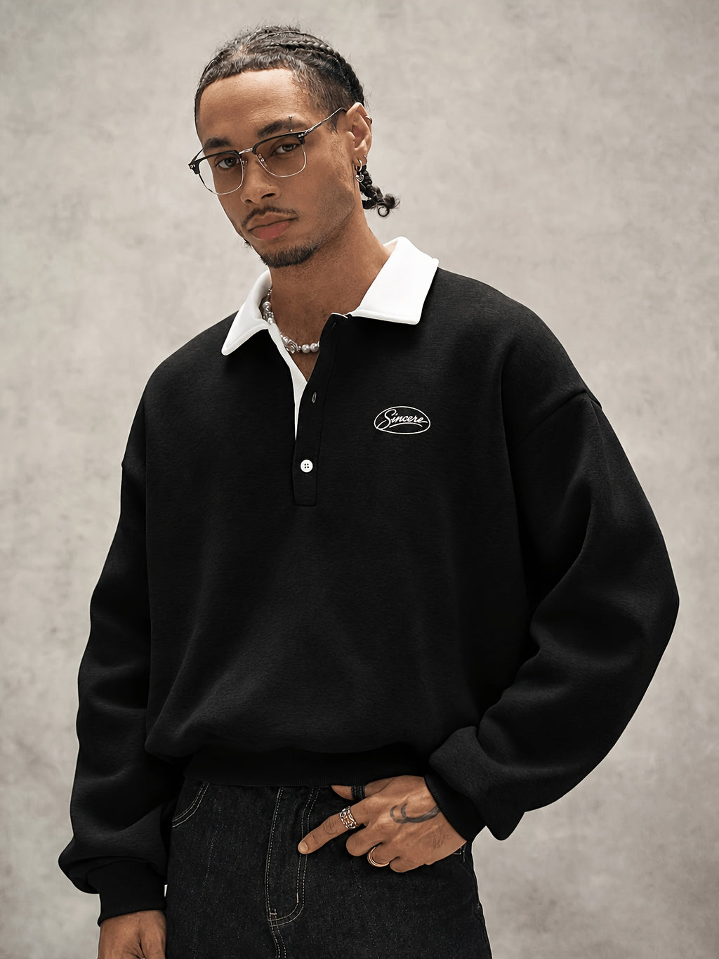 Men'S Loose Minimalist Urban Style Color-Block Polo Neck Sweatshirt, Soft Fabric Half-Button Letter Long Sleeve Pullover Top, Casual Commute City Leisure Wear