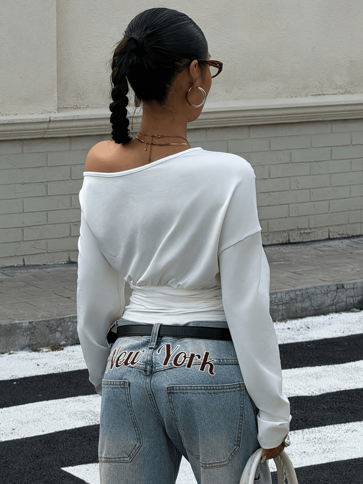 Women'S Letter Print Asymmetrical Shoulder Fitted Short Sleeve Long Sleeve T-Shirt, Suitable for Outdoor, Streetwear, And Y2K Style Clothing