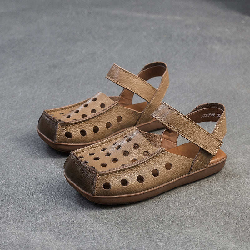 Retro Hollow Square Toe Hook-And-Loop Sandals Women'S First Layer Cowhide Genuine Leather Soft Sole Loafer Single Shoes Breathable Beef Tendon Sole Design Daily Commute, Shopping And Travel, Women Shoes