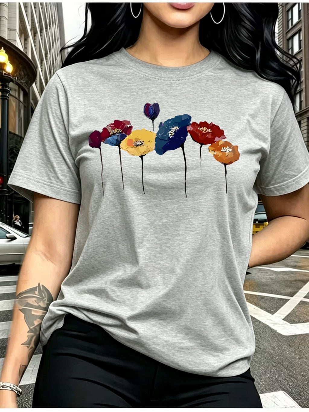 Women'S Casual Short Sleeve T-Shirt with Geometric Print, Relaxed Fit Round Neck White Black Gray Pattern Sizes S to XXL (Standard Sizing), Machine Washable All Season Casual Wear, Versatile