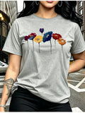 Women'S Casual Short Sleeve T-Shirt with Geometric Print, Relaxed Fit Round Neck White Black Gray Pattern Sizes S to XXL (Standard Sizing), Machine Washable All Season Casual Wear, Versatile