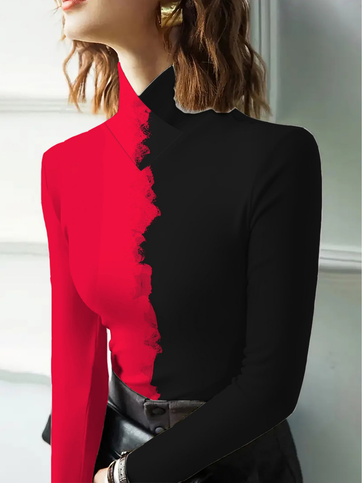 Women'S Mandarin Collar Long Sleeve T-Shirt, Suitable for Female Wear, Fabric, Regular Fit, with Red Black Split Transformation Design, Spring Fall Collection