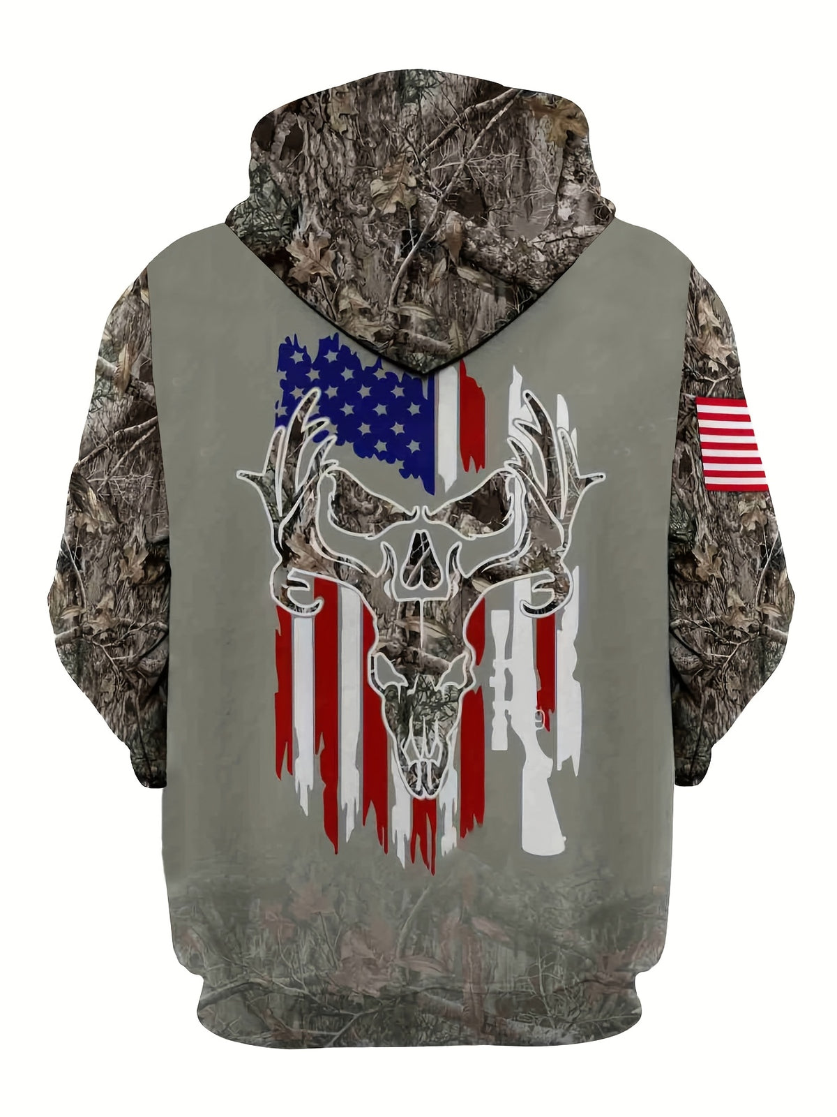 Men'S Fashion Hooded Sweatshirt, Design Blending Camouflage And Individual Elements, Printed with American Flag-Colored Deer Skull Pattern, Camouflage Texture, Flag Embellishment, Outdoor, American Trendy Style, Hunting