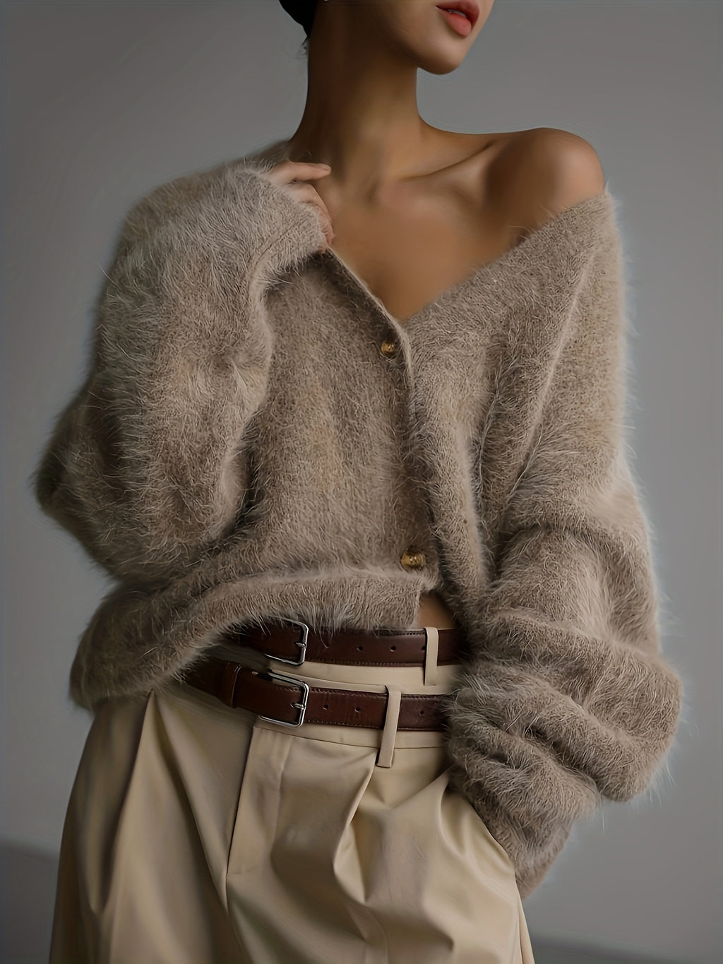 #B0827 Loose Long Sleeve V-Neck Sweater Jacket, Fashionable Easy Women'S Cardigan, Stylish Comfortable Sweater, Easy Elegant Open Front, Versatile Top for Casual, Dates, Parties, Or Business