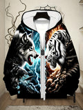 Tiger Wolf Confrontation Print Pattern Long Sleeved Zipper Hooded Sweatshirts for Men, Autumn and Winter Casual Polyester Fiber Fabric Outdoor Jacket with Drawstring and Pockets