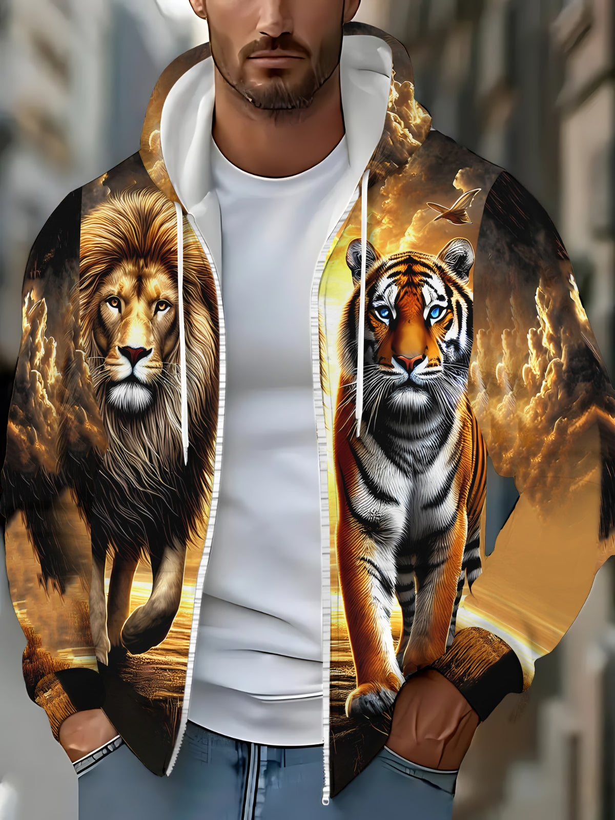 Zipper hoodie for menLion and Tiger Print Hoodie for Living Room Wear, Vibrant Orange and Brown Colors, Lightweight and Durable Design, Perfect for Casual Outfits and Daily Use, Unique Animal Pattern Fashion Sweatshirt