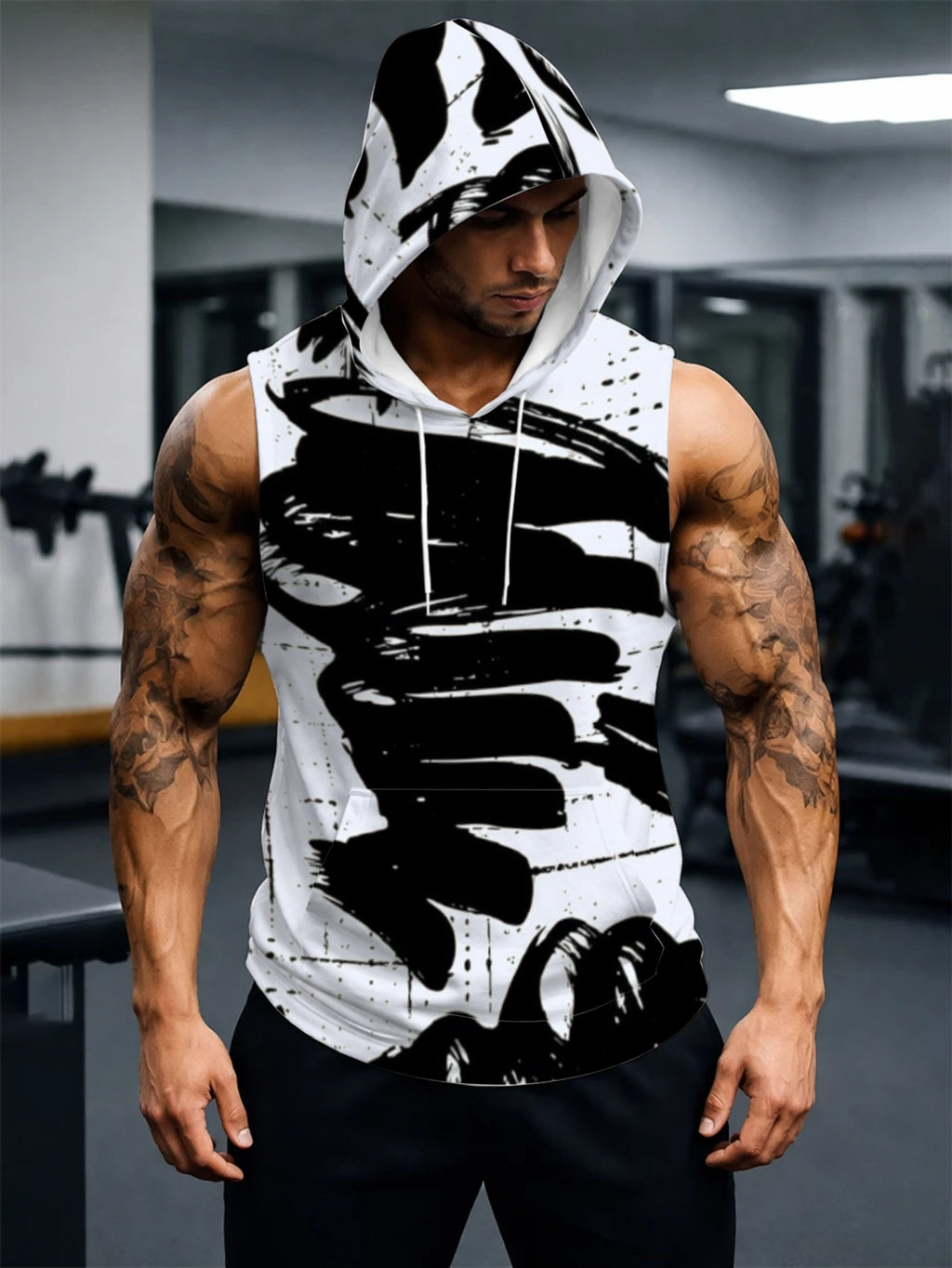 Men'S Hooded Sleeveless Top Black And White Ink Splash Print Sports Fitness Vest Daily Casual Trendy Versatile Breathable Comfortable Slim Fit for Workout Gym Training