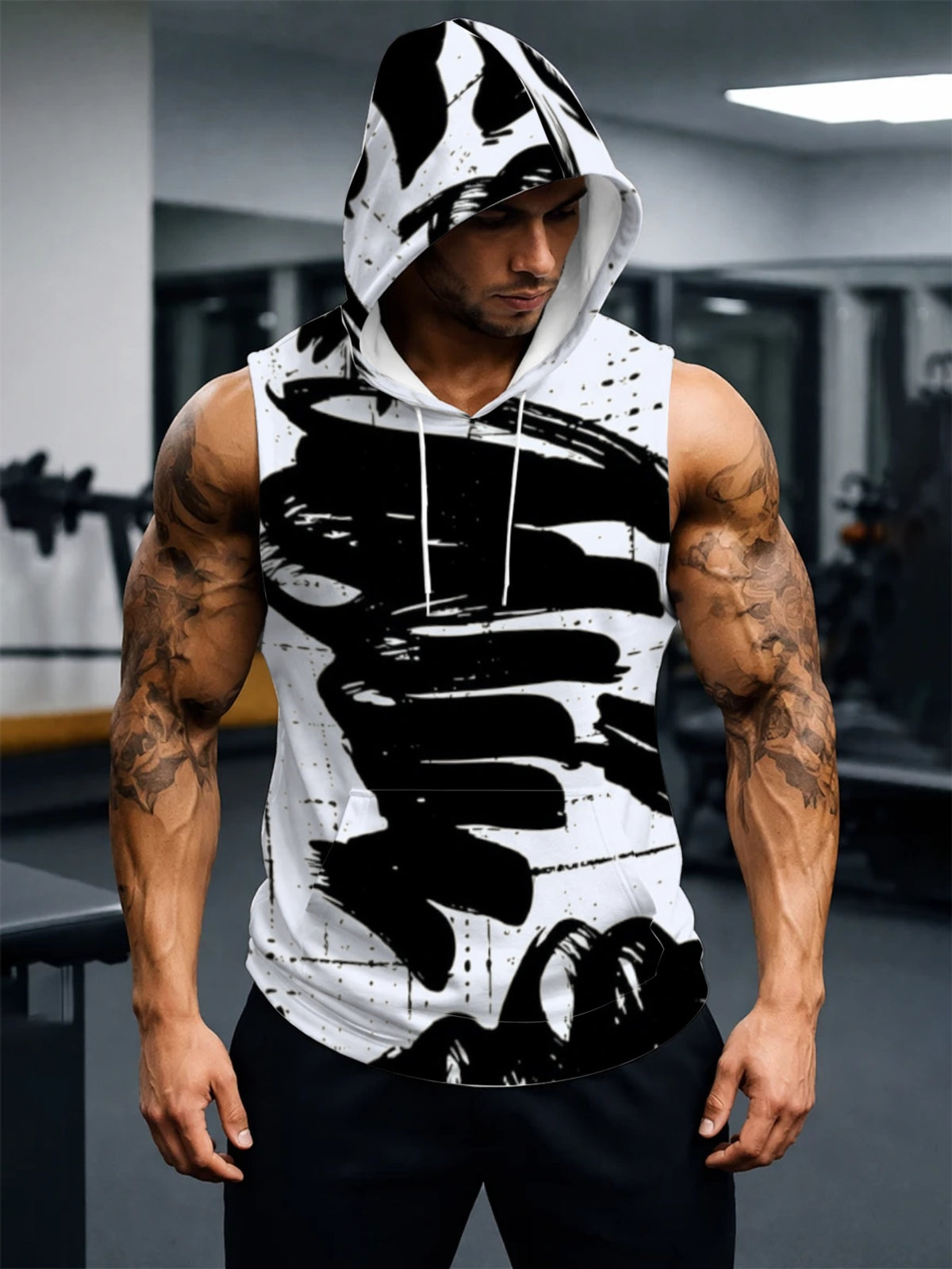 Men'S Hooded Sleeveless Top Black And White Ink Splash Print Sports Fitness Vest Daily Casual Trendy Versatile Breathable Comfortable Slim Fit for Workout Gym Training